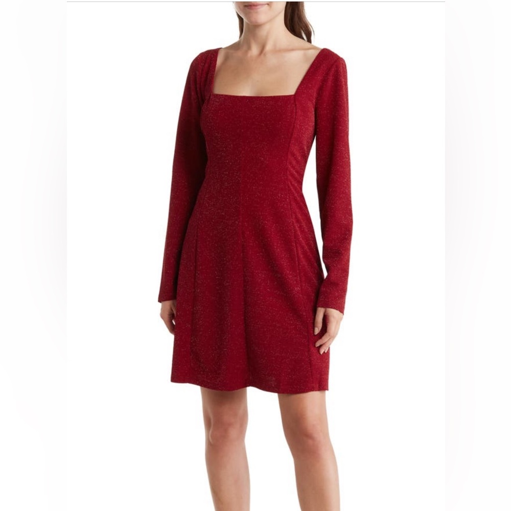 BNWT BCBG SQUARE neck long sleeve mini dress, cranberry, XS